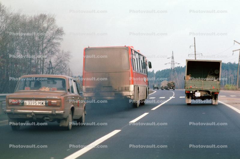 smokey bus, highway, Car, Automobile, Vehicle, Fiat 124, exhaust pollution, smoke