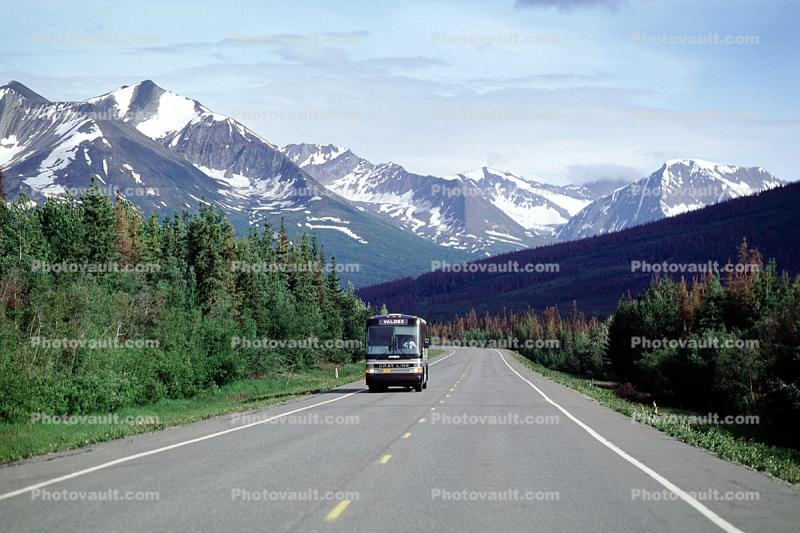 Bus on the Highway, Chugach Mountains, forest, highway-4