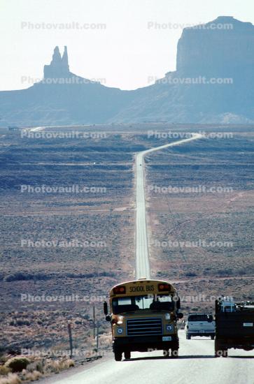 bus head-on, Monument Valley, road, highway, geologic feature, butte