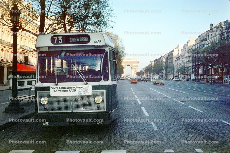 Champs Elysee, bus, head-on, Car, Vehicle, Automobile, 1978, 1970s