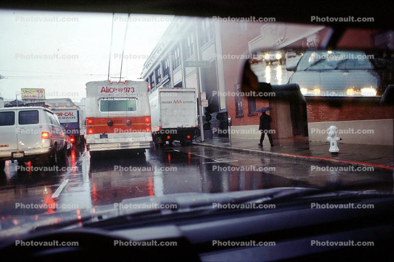 Rain, street, mirror, electrified Trolleybus