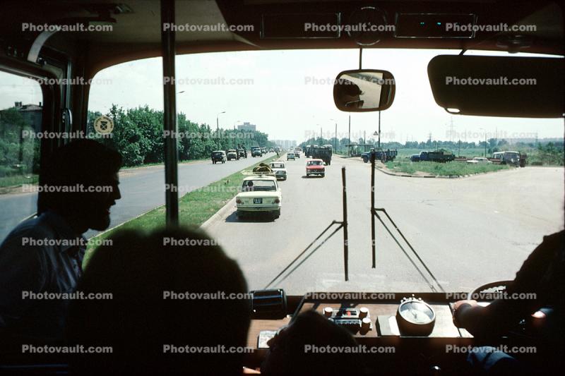 Inside a Bus, windshield wipers, window, mirror, driver, road, street, near Moscow