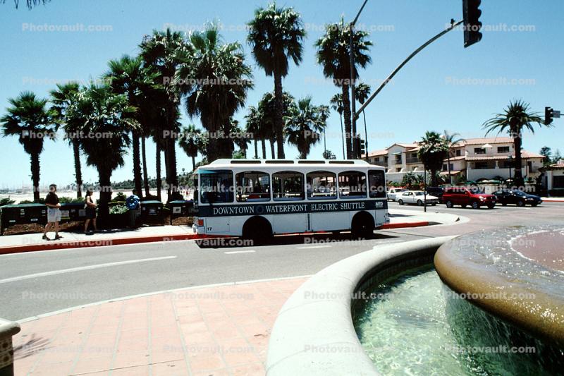 Trolley, fountain, Stearns Wharf, Santa Barbara Pier