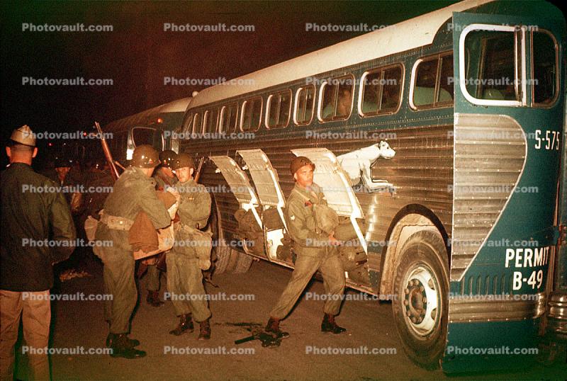Soldiers boarding bus, Greyhound Station, 1956, 1950s