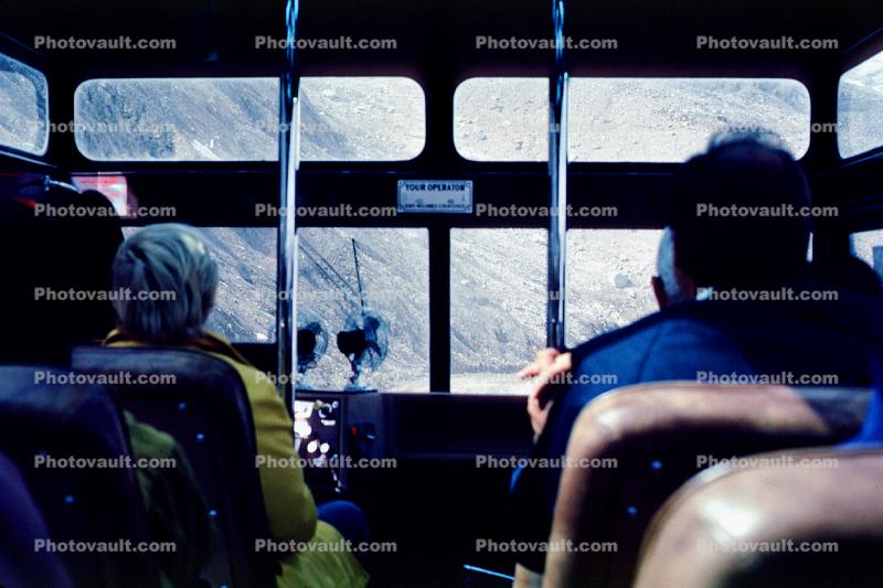 Tour, off-road locomotion, snow coach, Columbia Ice Glacier, Icefields, Banff National Park, Alberta, Canada, 1983, 1980s