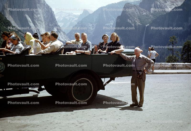 White Tour Bus, Yosemite Valley, Bridal Veil Falls, 1950s