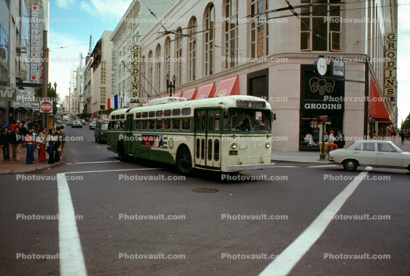 807 Trackless Trolleybus, downtown San Francisco, Grodins, buildings, shops, Liberty House, Hallmark Cards store