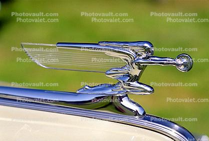 Packard, Chrome Hood Ornament, Goddess of Speed, Woman with Wings, holding a tire outstretched in her arms