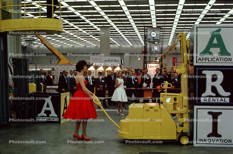 Woman with a Red Dress, Model, dress, Heavy Equipment Convention, Clark Forklift, industry, July 1962, 1960s