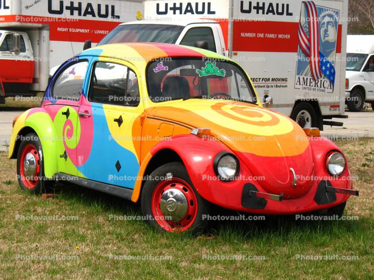 Psychedelic Hippy Volkswagen Car, VW Beetle, colorful, U-Haul Vans