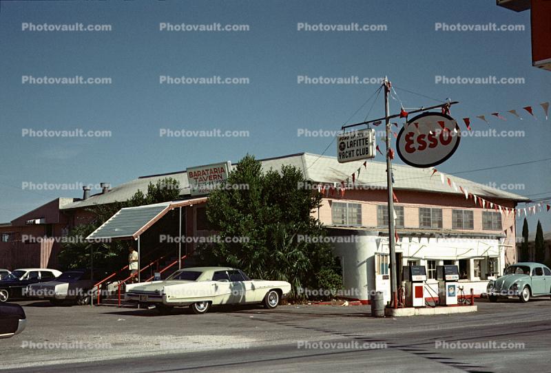 ESSO Gas Station, Barataria Tavern, building, car, Lafitte, 1960s