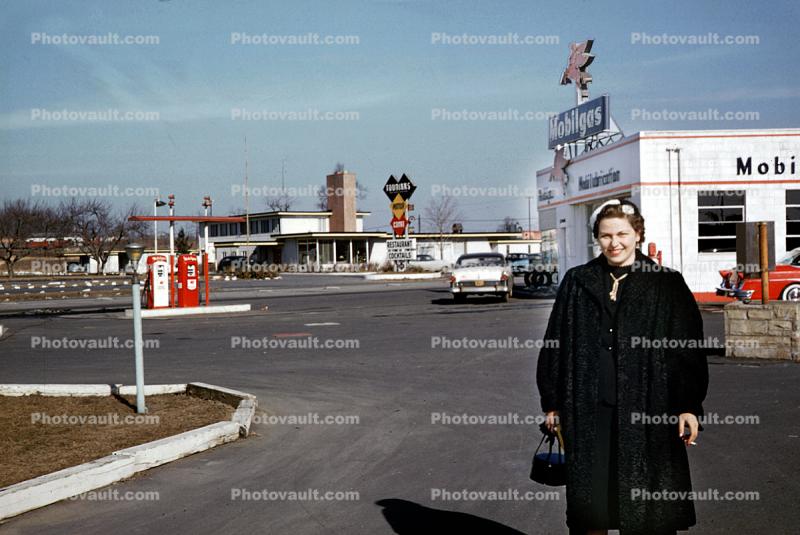 Mobilgas Gas Station, smiling lady, coat, Hannah, Kiptopeke Beach Virginia, 1950s