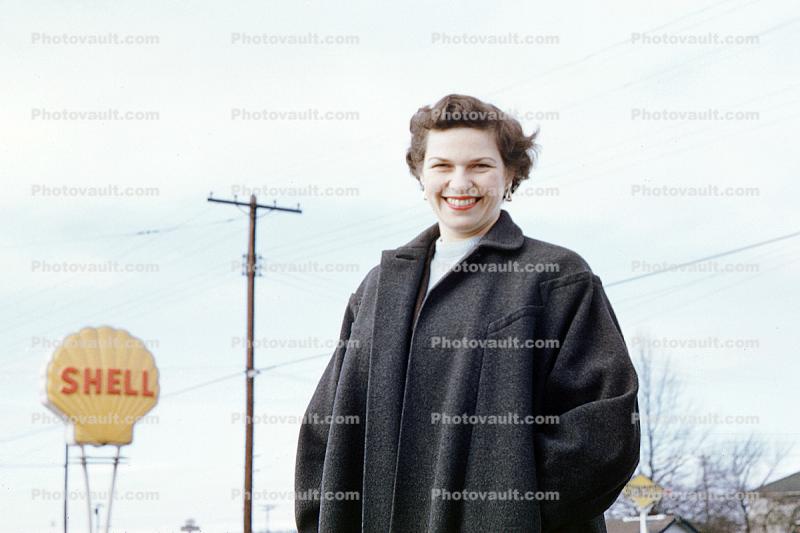 Smiling Hannah, Shell Gas Station, woman, smiling, Kiptopeke Beach Virginia, 1950s