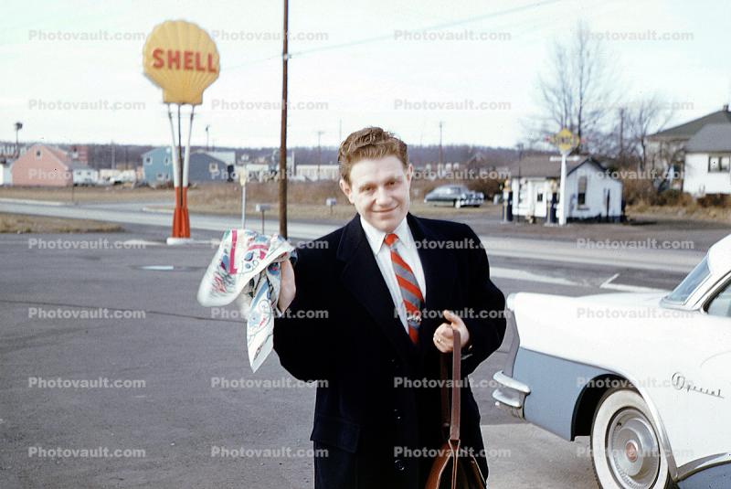 Shell Gas Station, smiling man, suit and tie, Kiptopeke Beach Virginia, 1950s