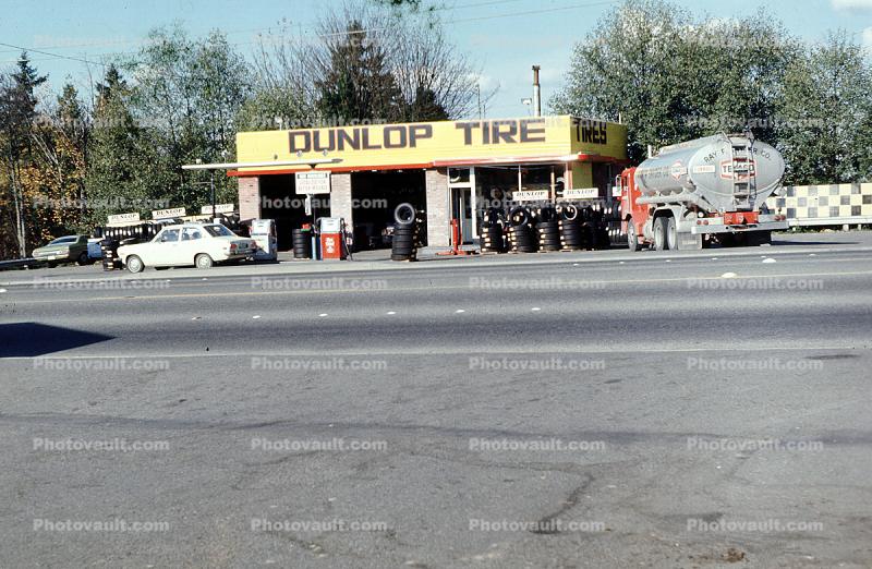 Dunlop Tire Station, store, cars, Fuel Truck