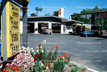 Shell Gas Station, Building, Flower Garden, Gas Prices