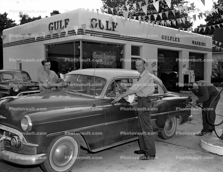 Gulf Gas Station, Chevy Car, Men, Window Washing, 1950s