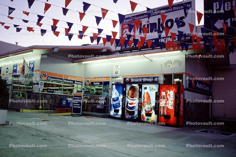 Coca Cola, Soft Drink Machines, Flags, Building, Gas Station