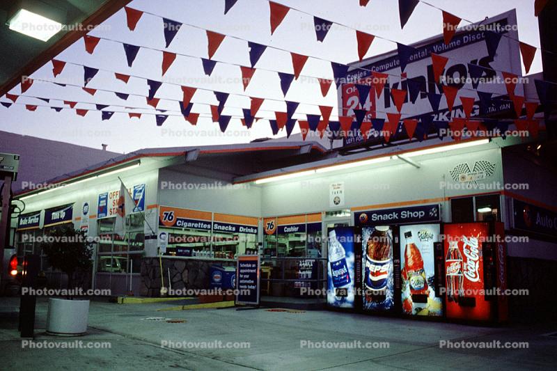 Soft Drink Machines, Flags, Building, Gas Station