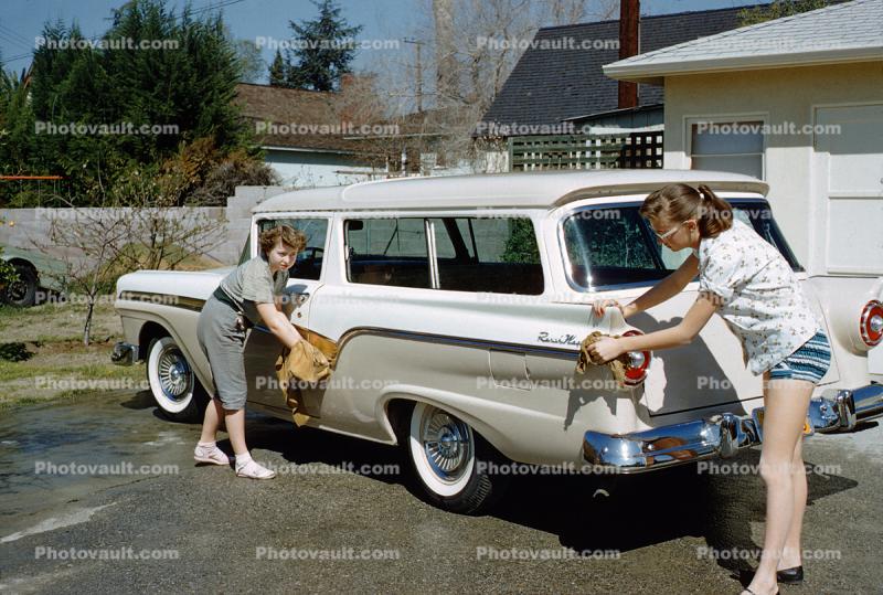 Ford Ranch Wagon, Mother and Daughter washing their car, 1950s