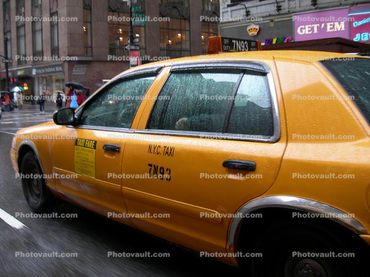 Rainy wet Taxi Cab, cars, automobiles, 2000's