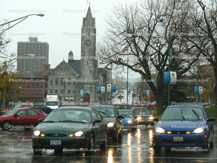 Church Clock Tower, streets, cars, automobiles, 2000's