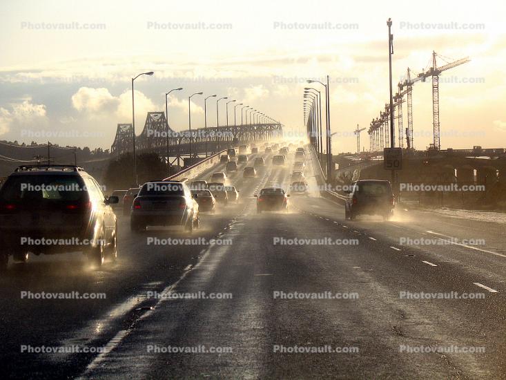 after the rain on the east span of the Bay Bridge, San Francisco Oakland Bay Bridge, traffic jam, congestion, car, sedan, Vehicle