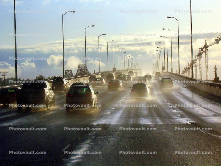 after the rain on the east span of the Bay Bridge, San Francisco Oakland Bay Bridge, car, sedan, Vehicle, Cars, vehicles
