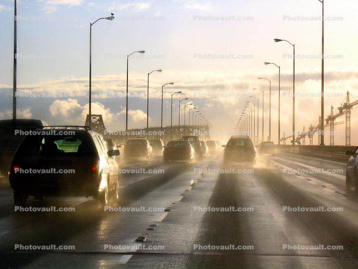 after the rain on the east span of the Bay Bridge, San Francisco Oakland Bay Bridge, car, sedan, Vehicle