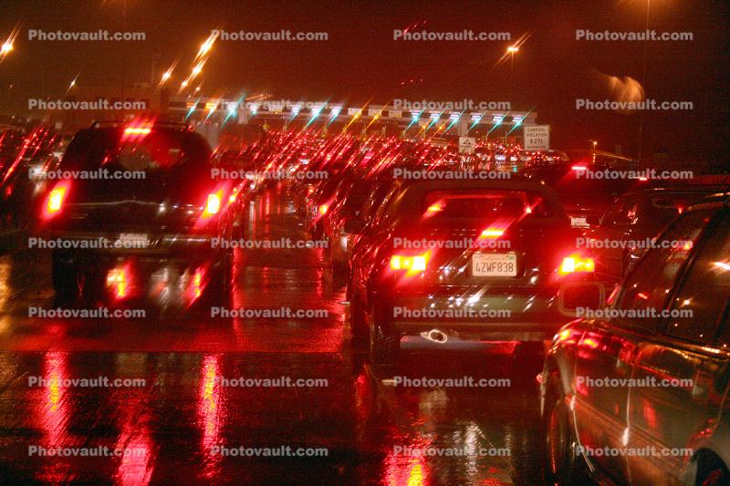 Bay Bridge Toll Plaza on a rainy night, traffic jam, congestion, Car, 2010's