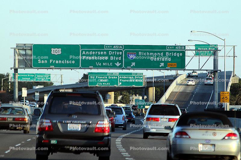 US Highway 101, San Rafael, Marin County, Interstate Highway I-580, Level-D Traffic, Car, 2010's