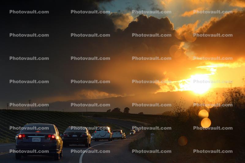Napa County, California, Highway 121, Roadway, sunset, cars, traffic