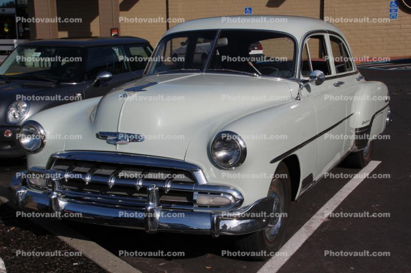 Chevrolet Deluxe coupe, Car, parked, automobile, Bel Air, chrome, grill, four door, San Anselmo, Marin County