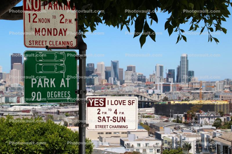Parking signs, funny, humorous, skyline, Potrero Hill