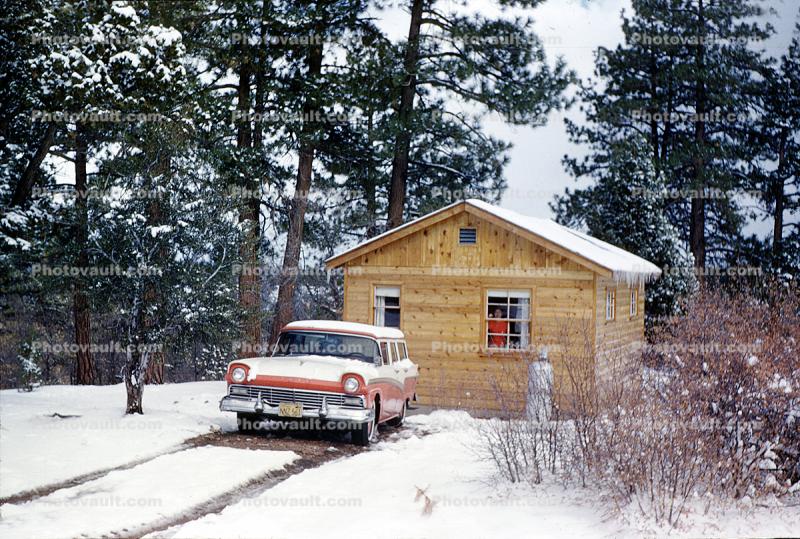 Snow Covered Ford Station Wagon, Log Cabin, Forest, Big Bear, 1960s