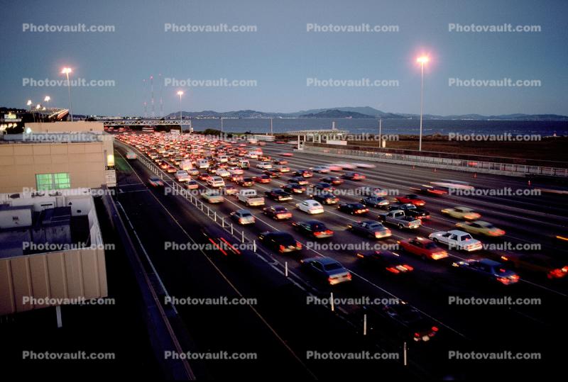 toll plaza, Level-F traffic, traffic jam, congestion, cars