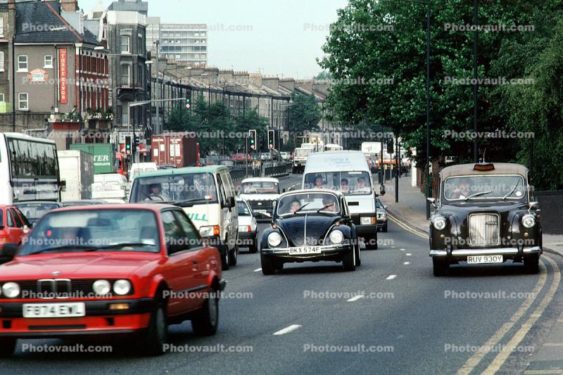 City Street, BMW, Volkswagen, taxi cab, Volkswagen beetle, London, 1970s