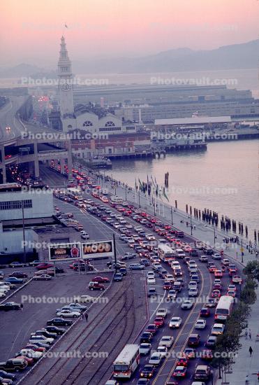the Embarcadero, Loma Prieta Earthquake, 1989, Level-F traffic, (note the absence of electricity), 1980s