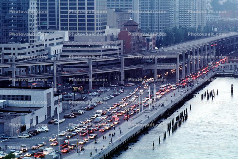 the Embarcadero Freeway, Loma Prieta Earthquake, 1989, Level-F traffic, (note the absence of electricity), 1980s