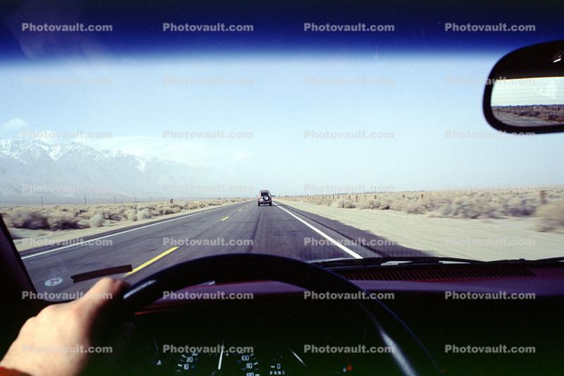 driver, steering wheel, Highway 395, Owens Valley, California