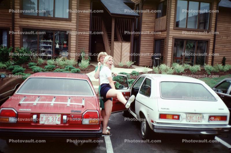 Honda Civic, girls goofing, fun, funny, Car, Vehicle, Automobile, 1970s