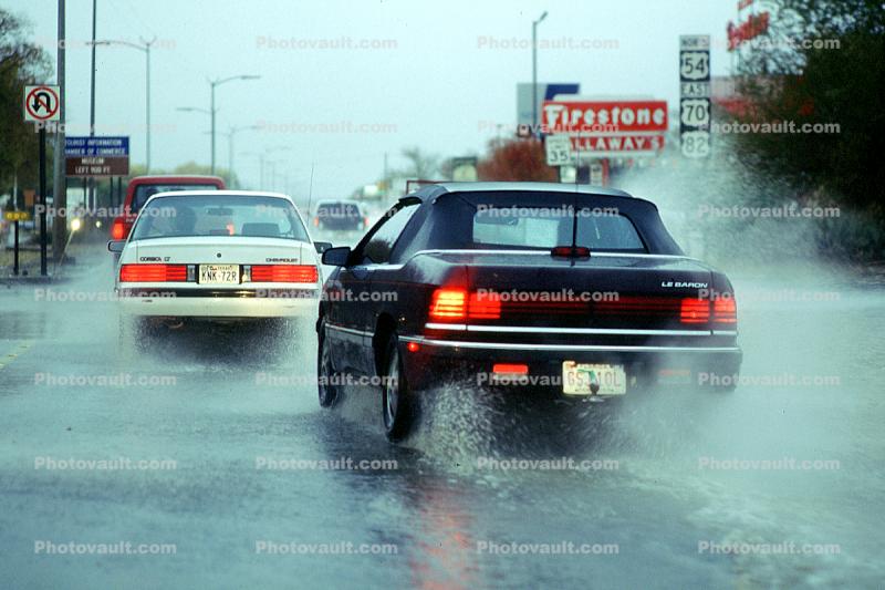 Chrysler Le Baron Car, Downpour Flooding, splash, Alamogordo, City Street
