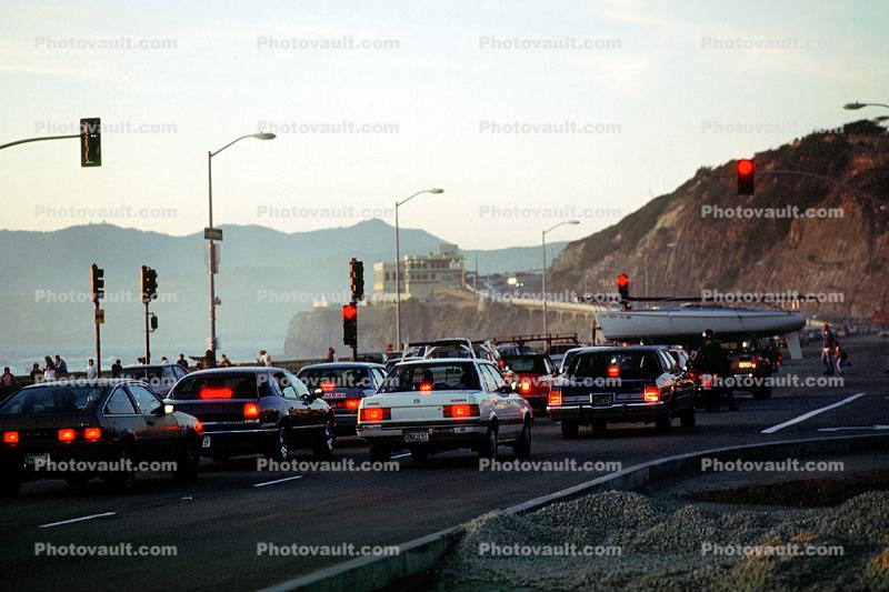 Crowded Road, near the Cliff House, Great Highway, cars, traffic, Ocean-Beach