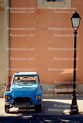 Citroen 2CV, city street, car, mini, automobile, vehicle, minicar, microcar, La Mole France