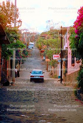 Tepoztlan, city street, cars, sedan, automobile, vehicles, Morelos, Mexico