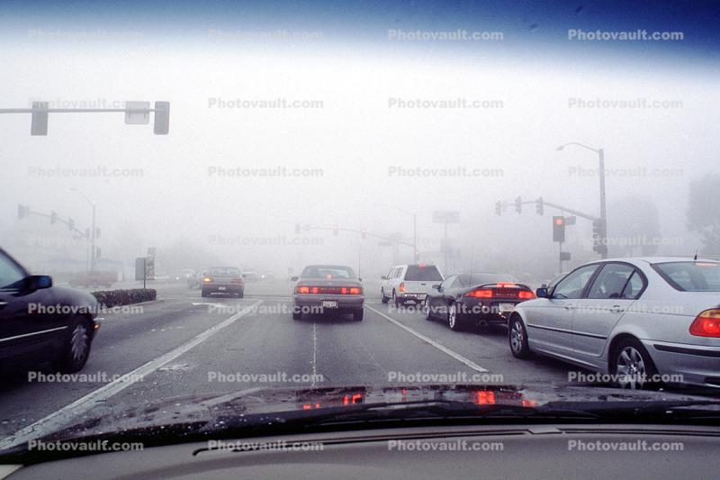 Foggy driving conditions, car, sedan, automobile, vehicles, Traffic Light