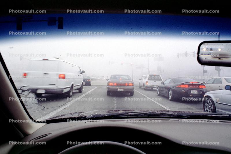 Foggy driving conditions, car, sedan, automobile, vehicles, mirror