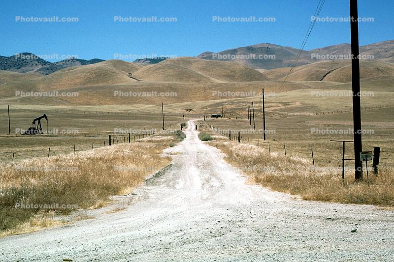 dirt road off of Hiway-33, near Mckittrick, Summer, Summertime, unpaved, hills, pumpjack