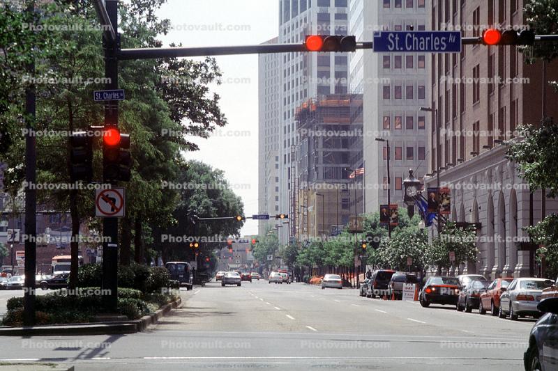 city street in New Orleans, buildings, Traffic Signal Light