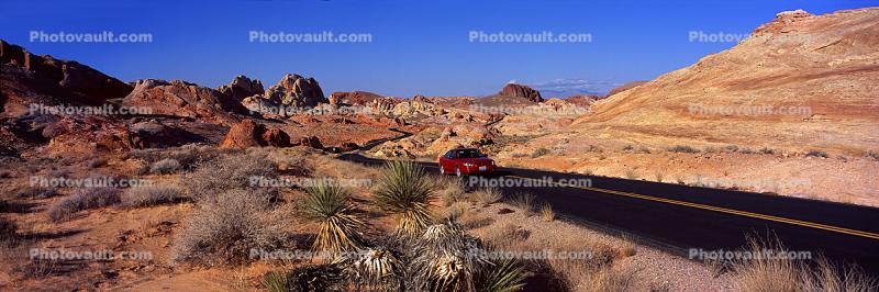 Valley of Fire, east of Las Vegas Nevada, Road, Roadway, Highway, Cars, automobiles, vehicles, Panorama